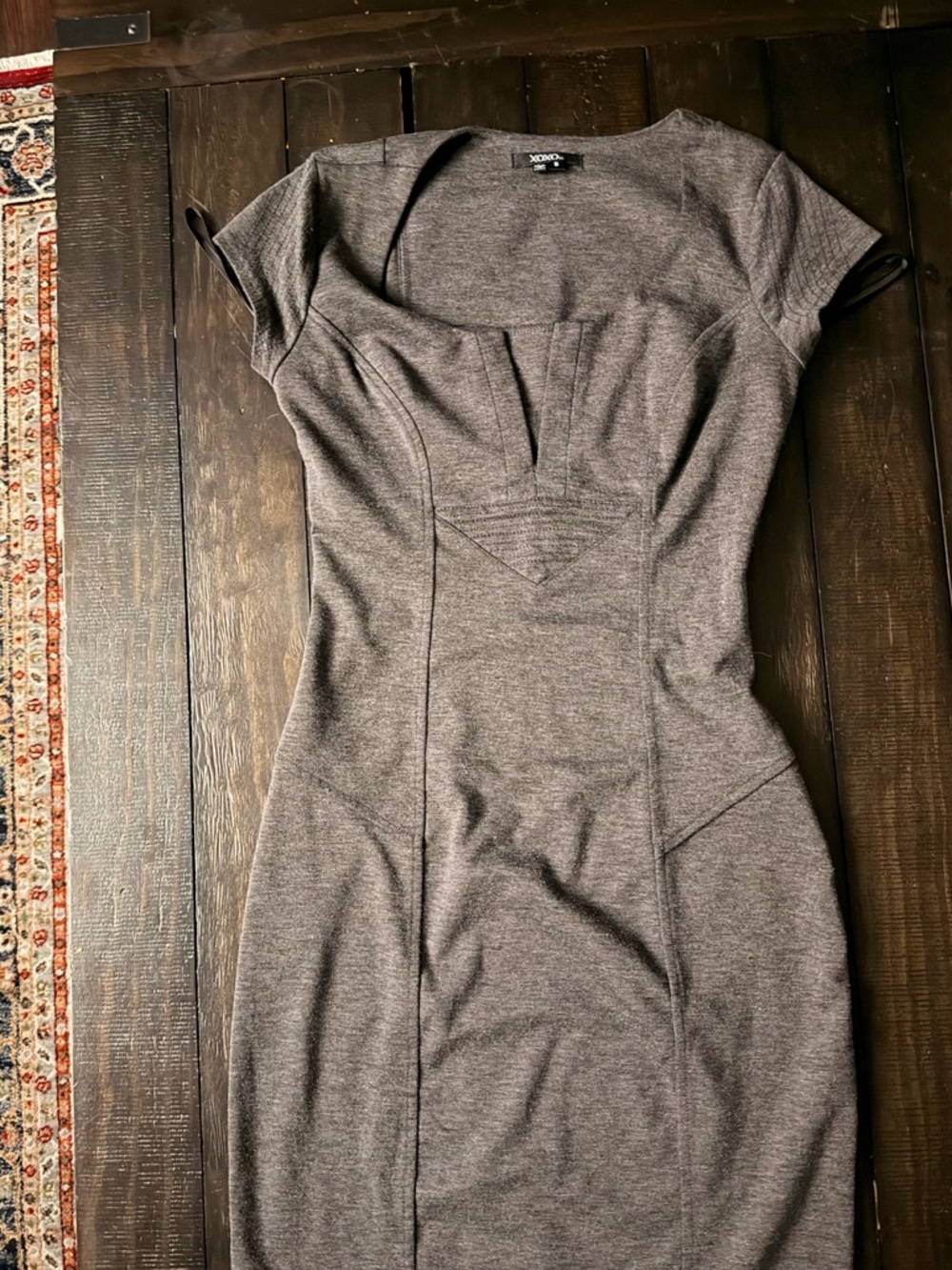 XOXO Gray Fitted Sheath Dress Small Structured Waist Bodycon Midi Office Dress